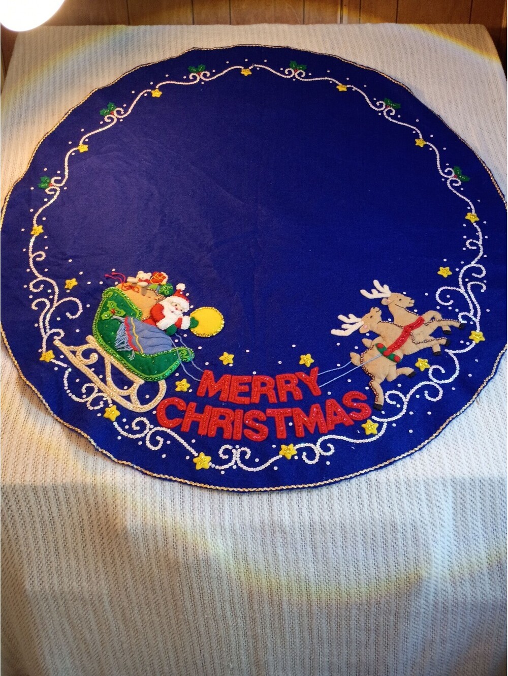 Vintage Blue Felt Merry Christmas Tree Skirt with Santa and Reindeer